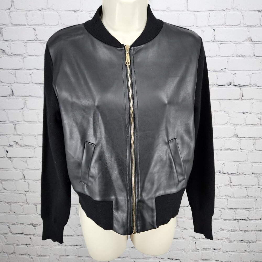 NWT Sioni Black Faux Leather Front Gold Zip Knit Unlined Lightweight Jacket XS